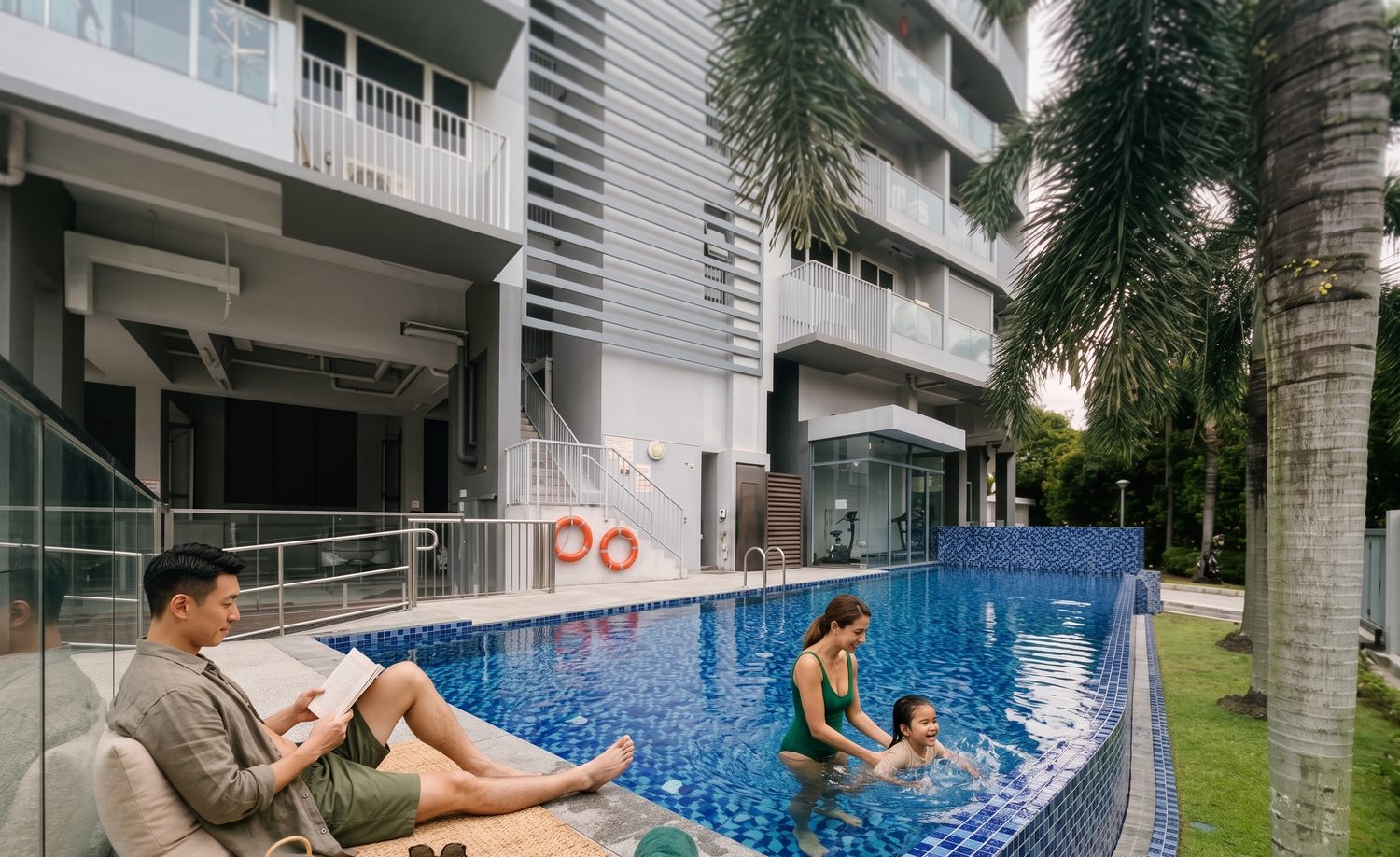 A family enjoying the condominium pool on a bright day