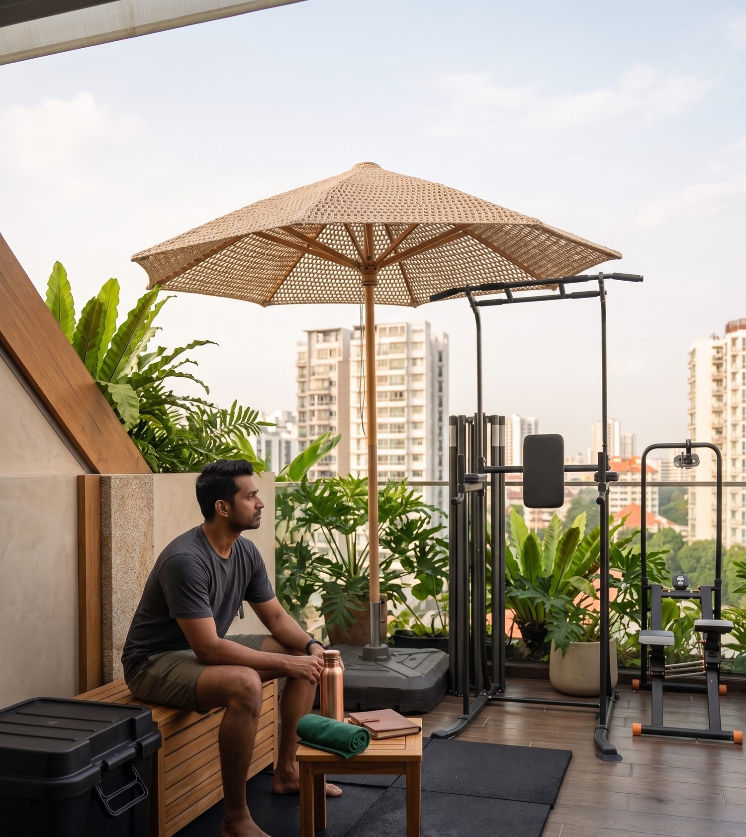 A man resting between sets at the private rooftop gym