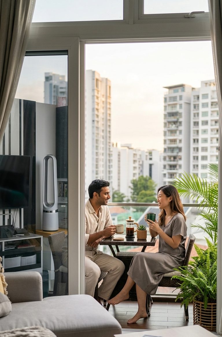 A couple sharing morning coffee at the rattan balcony set