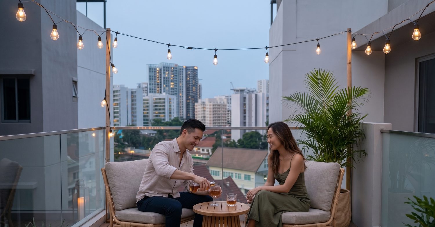 A couple on the balcony at dusk with the city lights and string lighting
